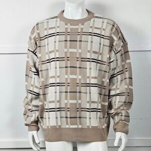 David Taylor Mens XXL Vintage Grandpa Plaid Crewneck Tan Brown Pullover Sweater